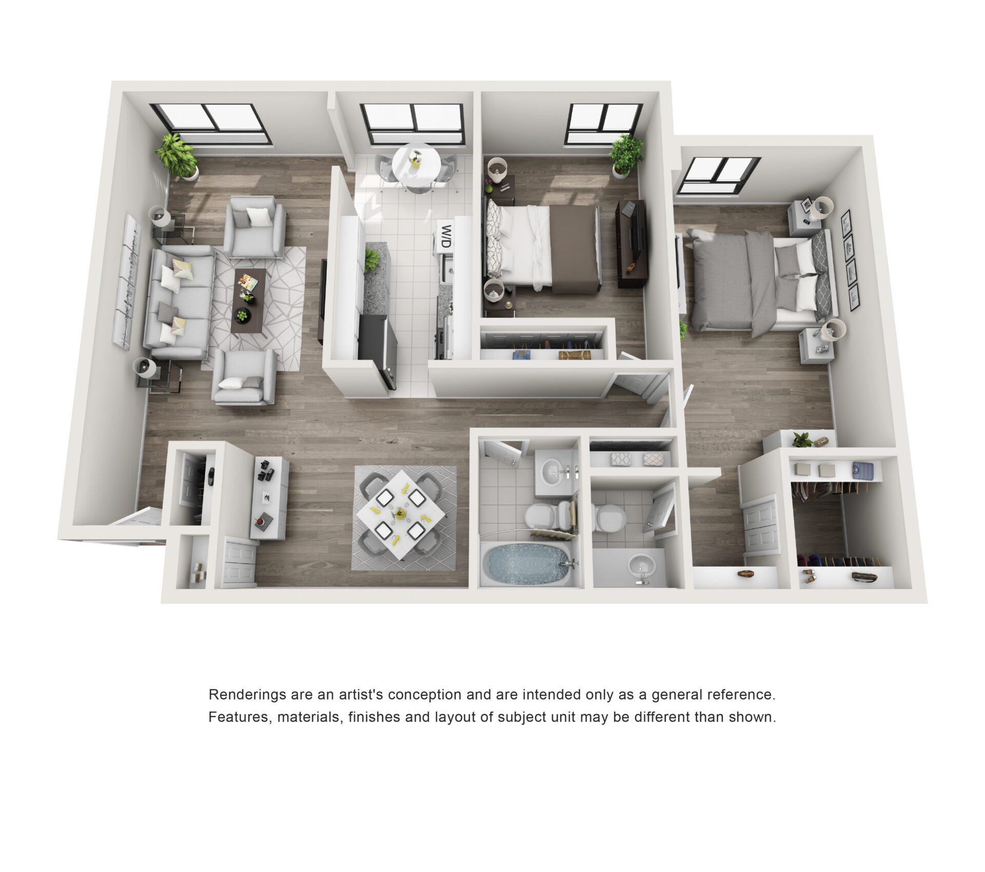 A modern room with a large, neatly made bed. 